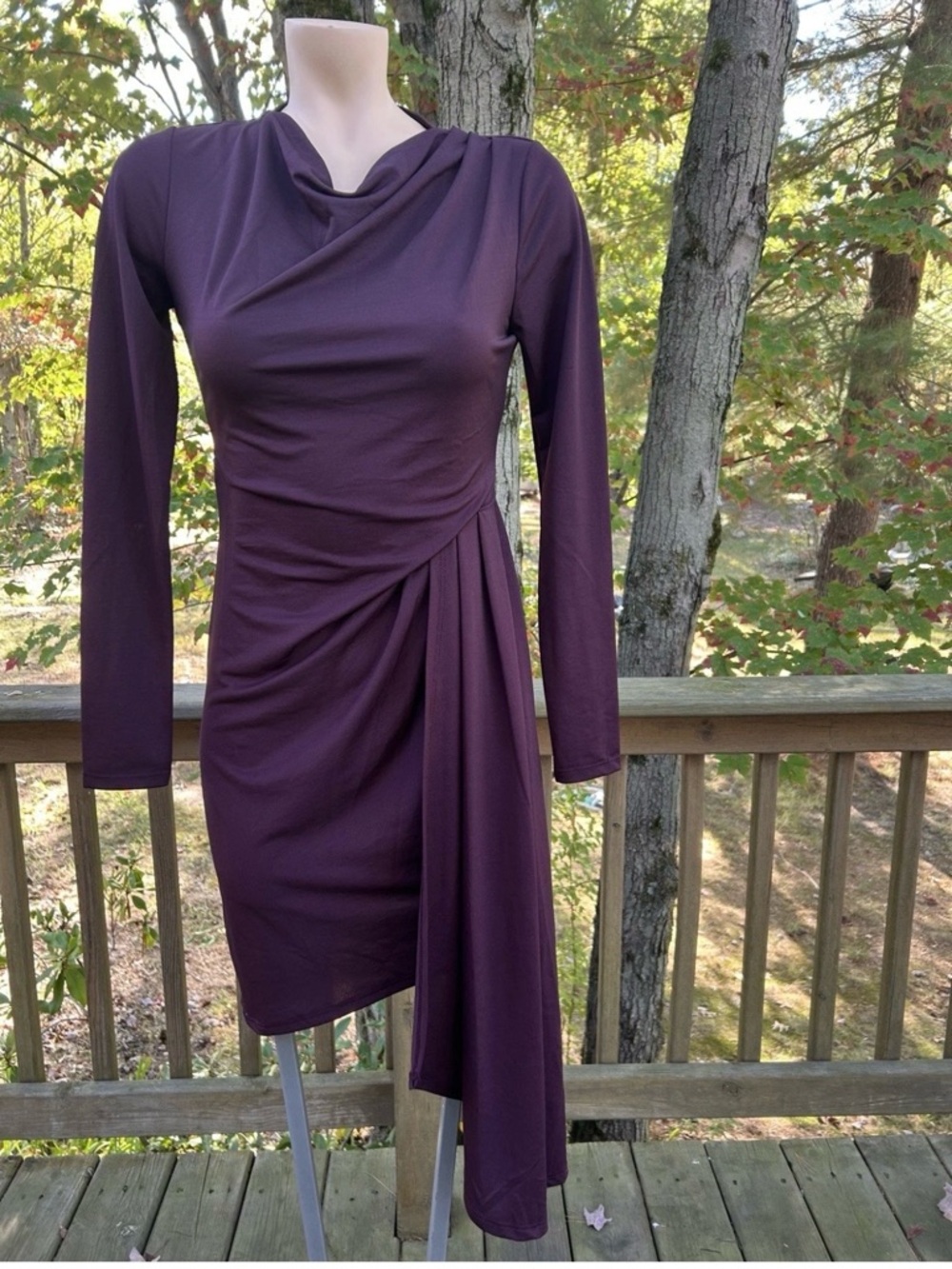 Topshop Plum Long-Sleeve Draped Asymmetric Dress
